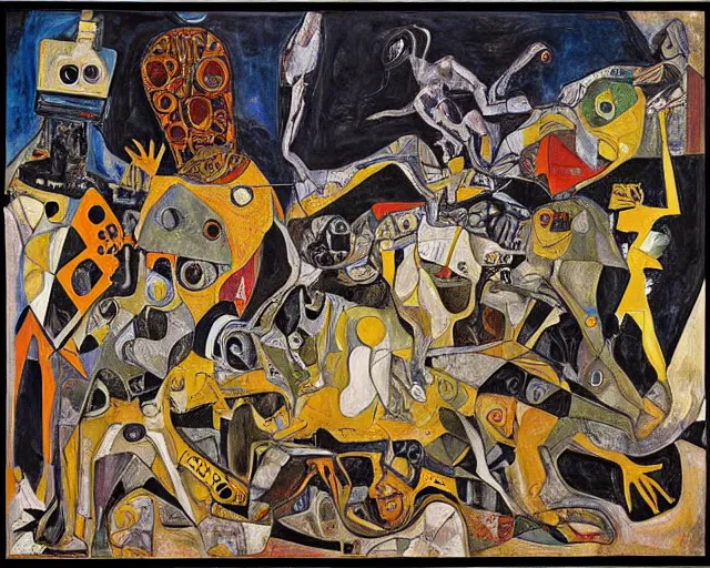 Image similar to a painting of guernica with aliens and robots by graham sutherland, egon schiele, gustav klimt, expressionism