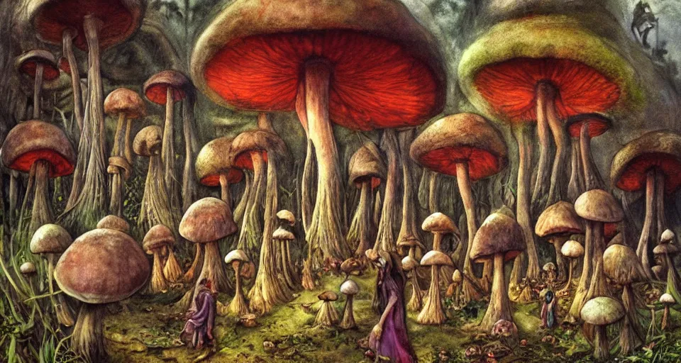 Image similar to A tribal village in a forest of giant mushrooms, by Brian Froud