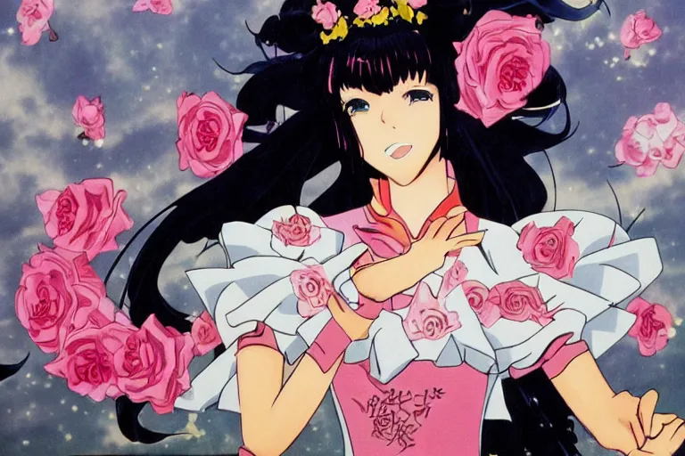 Image similar to Bjork posing triumphantly, shojo anime, 90s, Oniisama E, The Rose of Versailles, Revolutionary Girl Utena