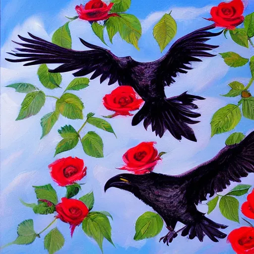 Image similar to flock of ravens in the shape of a rose. painting, oil on canvas