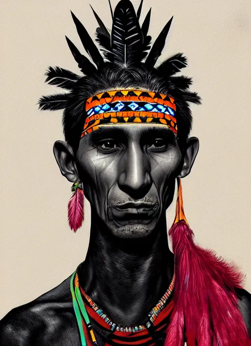 Prompt: portrait of an indigenous man with a crooked nose and a confident expression, 1 9 6 0 s, black clothes, goth, punk, brightly coloured hair, funk, intricate, elegant, highly detailed, digital painting, artstation, concept art, smooth, sharp focus, illustration, art by wlop, mars ravelo and greg rutkowski