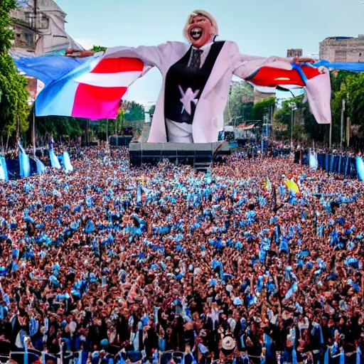 Image similar to Lady Gaga as president, Argentina presidential rally, Argentine flags behind, bokeh, giving a speech, detailed face, Argentina