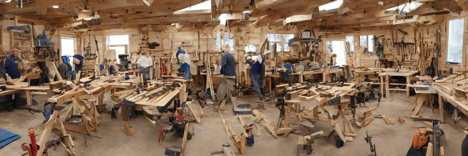 Image similar to A wood workers workshop with a lot of tools wide