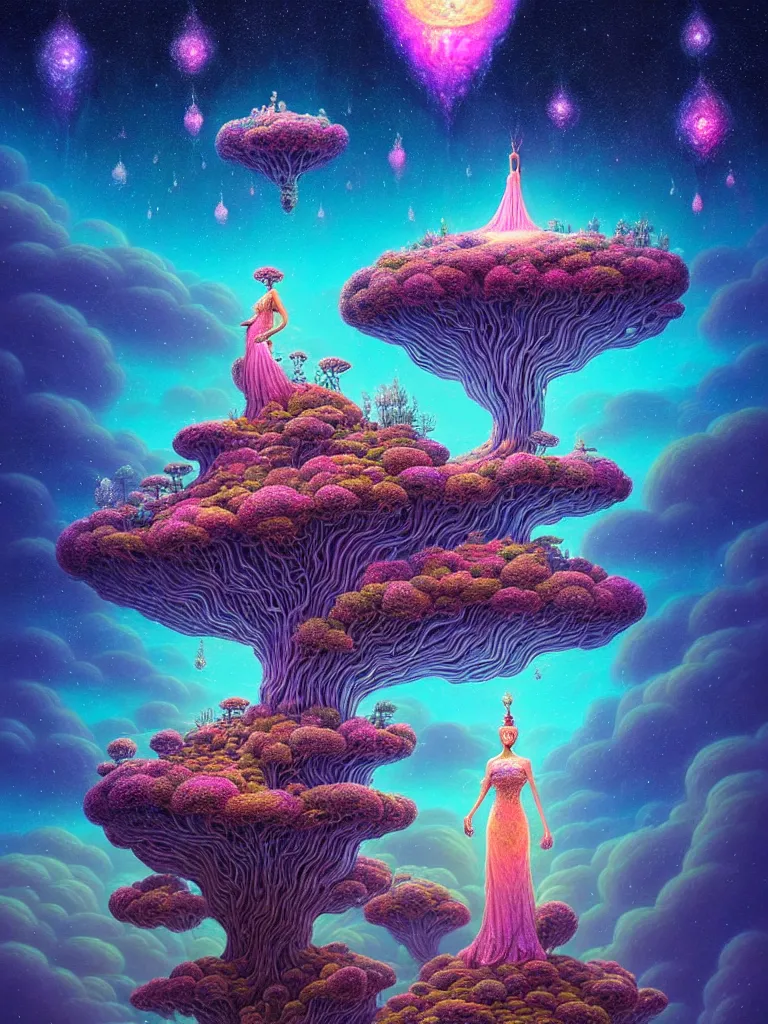 Prompt: portrait of queen of dreams, extremely beautiful, floating among many nebula stars with lots of gigantic 🍄 and bonsai 🌳, symmetrical composition, by gediminas pranckevicius, jacek yerka, rob gonsalves, peter gric, digital painting, octane rendered, crepuscular rays, neon cyberpunk colors vibrant colors, trending on artstation