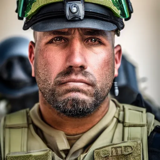 Prompt: close up face male portrait of a swat tactical police officer.