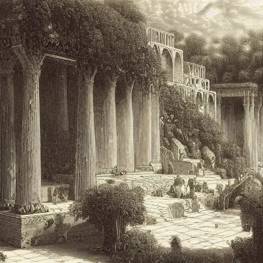 Image similar to the hanging gardens of babylon, gustave dore lithography