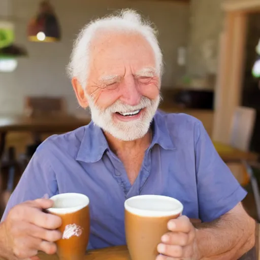 Prompt: https://thumbs.dreamstime.com/b/smiling-old-man-having-coffee-portrait-looking-happy-33471677.jpg