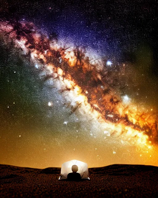 Image similar to there is a man under the milky way, photography, fine details. night setting ， trending on art station