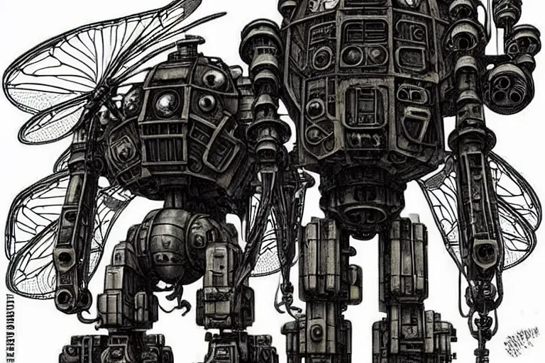 Image similar to dieselpunk mechs in shape of dragonfly that look like Dragonfly, inside an gigantic underground concrete doom hangar, interior structure, drains, storm drains, jungle, vines, algea, cables, panels, walls, ceiling, floor, doors, brutalist architecture, intricate ink drawing, highly detailed in the style of Ashley Wood, moebius and Tsutomu Nihei, photorealistic, cinematic, intricate detail, well lit,