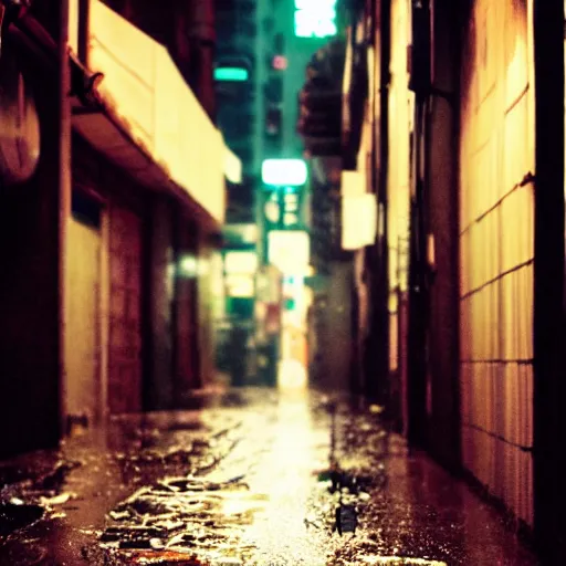 Image similar to a rainy cyuberpunk neo tokyo alley with a black cat sleeping on a piece of cardboard on the floor, photo, 4 k