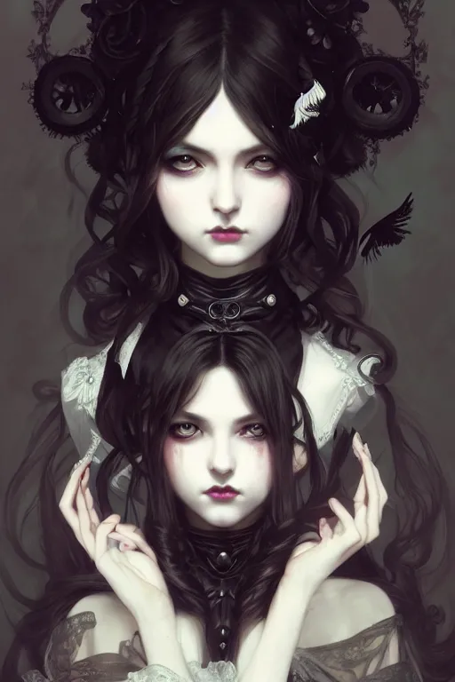 Image similar to portrait of radical lolita girl, dreamy and ethereal, dark eyes, peaceful expression, ornate goth dress, dark fantasy, chaotic, elegant, black crows flying, highly detailed, digital painting, artstation, concept art, smooth, sharp focus, illustration, art by artgerm and greg rutkowski and alphonse mucha