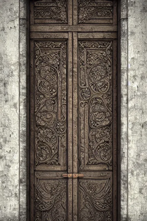 Prompt: a huge old heavy weathered wooden door made with rush plant ornaments in bright metalllic element, ornate, fantasy, photorealistic, octane render, volumetric light, high definition, ultra detailed, artstation, deviantart, cgsociety