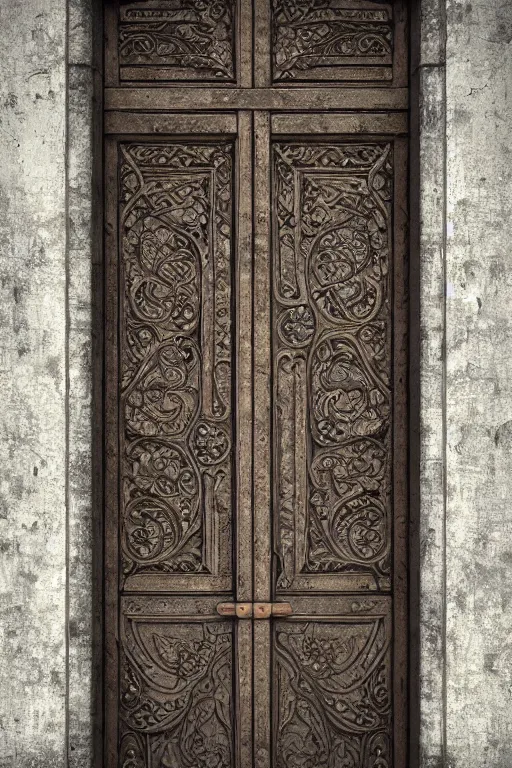 Image similar to a huge old heavy weathered wooden door made with rush plant ornaments in bright metalllic element, ornate, fantasy, photorealistic, octane render, volumetric light, high definition, ultra detailed, artstation, deviantart, cgsociety