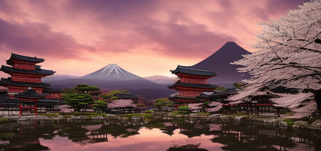 Image similar to very beautiful view of an ancient japanese city at dusk, large temples, cherry blossom trees, mountains in the background, calm clouds, cinematic lighting, ultra detailed, sharp, ambient occlusion, raytracing, by greg rutowski, paul chadeisson and jessica rossier