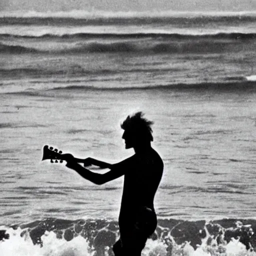 Prompt: 1960s photo of a surfer playing guitar on the waves