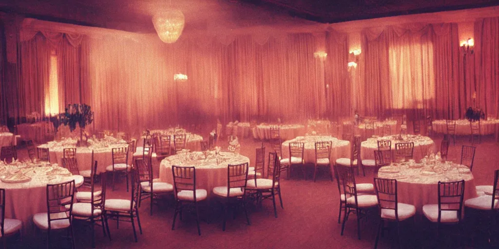 Image similar to a phantom hovers inside of a banquet hall. dramatic soft color lighting ( 1 9 8 4 ).