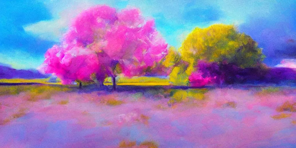 Prompt: landscape, pink, yellow, blue, hyper realism