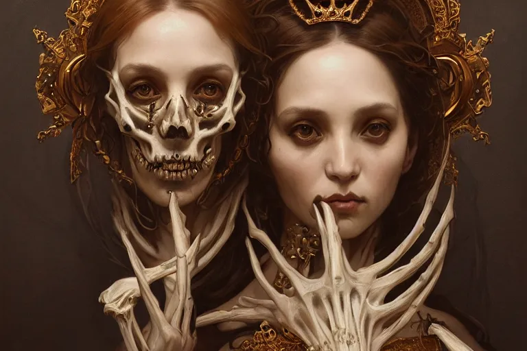 Image similar to a portrait of the bone queen, intricate, morbid, horrific, highly detailed, digital painting, crown of skulls, artstation, concept art, smooth, sharp focus, illustration, art by artgerm and greg rutkowski and alphonse mucha and william - adolphe bouguereau