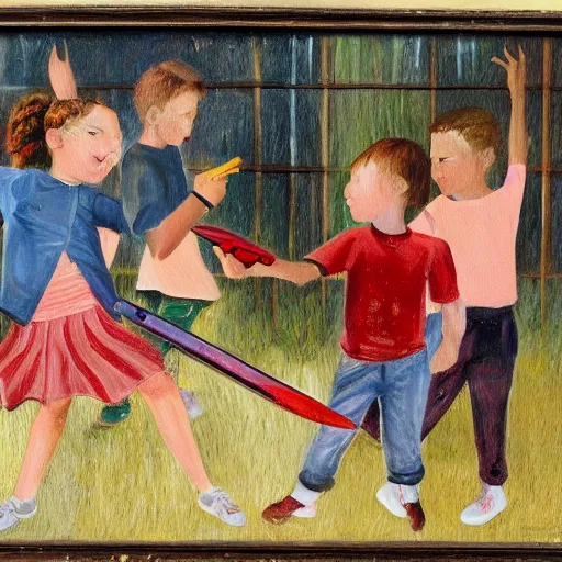 Image similar to painting of children in a schoolyard knife fight