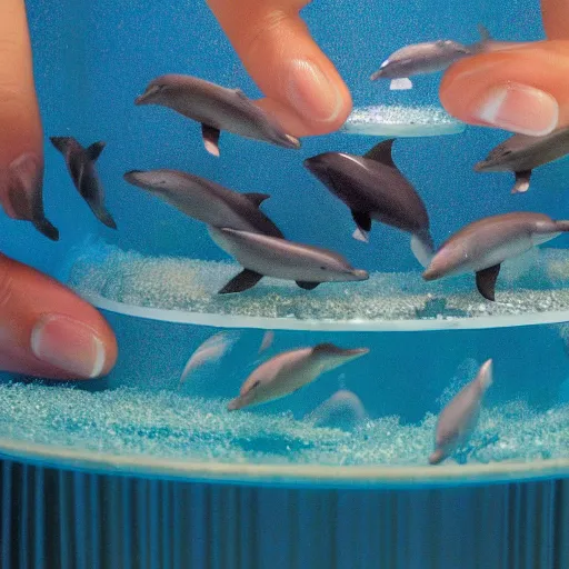 Image similar to a miniature oceans held in someone's cupped hands, dolphins jumping,