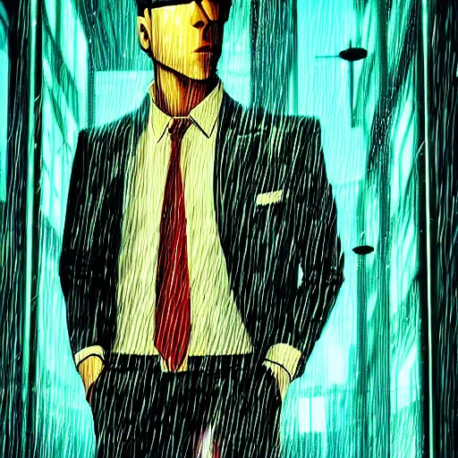 Prompt: stylish man cartoon portrait made out of rain, pinstripe suit, cyberpunk background, rendered in octane, unreal engine, highly detailed, trending on artstation, realistic, neon, beautiful, volumetric lighting, depth of field