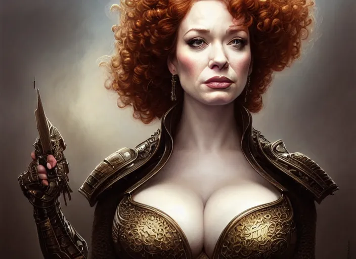 Image similar to wideangle!! portrait shot of christina hendricks wearing mideval armor, intricate, elegant, highly detailed, centered, digital painting, artstation, concept art, smooth, sharp focus, illustration, artgerm, tomasz alen kopera, peter mohrbacher, donato giancola, joseph christian leyendecker, wlop, boris vallejo