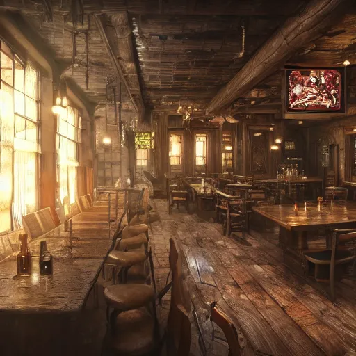 Image similar to Realistic Interior Concept design of very very very highly detailed Tavern in style of Medieval and in style of Cyberpunk, Many details by Hiromasa Ogura. More cyberpunk a lot less Medieval. Panorama 360 degrees Rendered in unreal engine 5, artstationHD, 4k, 8k, 3d render, 3d Houdini, cinema 4d, octane RTX volumetric natural light