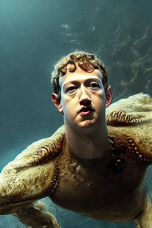Image similar to mark zuckerberg as a fantastic lovecraftian sea creature, photorealistic, cinematic lighting, highly detailed, by guillermo del toro