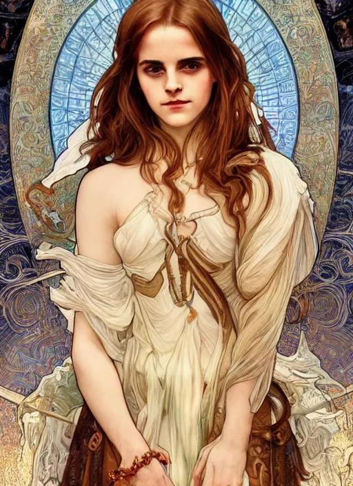 Image similar to Emma Watson as God of Beautifully, full body shot, cute, fantasy, intricate, elegant, highly detailed, digital painting, 4k, HDR, concept art, smooth, sharp focus, illustration, art by alphonse mucha,artgerm, H R Giger