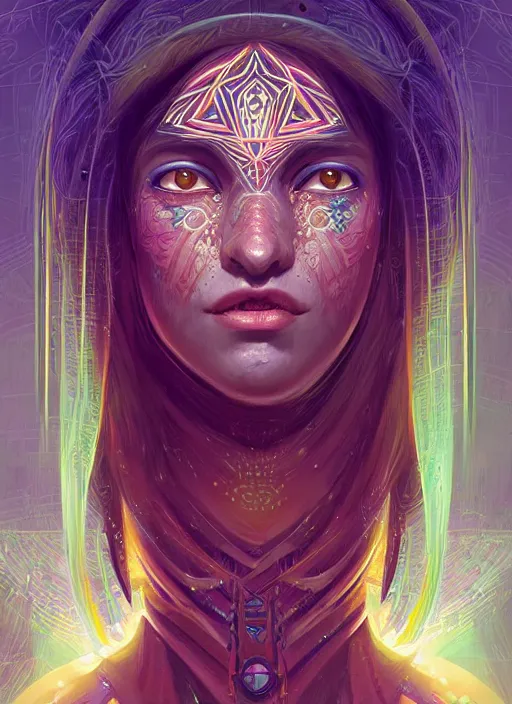 Image similar to portrait of a future metaverse ayahuasca tech shaman warrior, 2 d cartoon, visionary art, symmetric, magick symbols, holy halo, shipibo patterns, sci - fi, concept art, trending on art station, 8 k digital art, by mandy jurgens, fantasy portrait art, anime