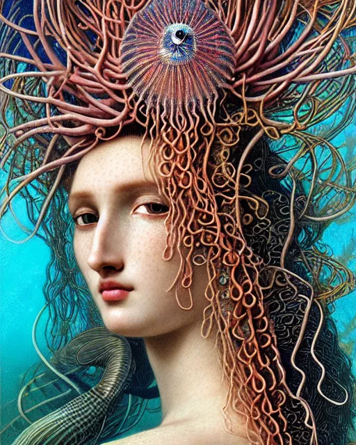 Image similar to hyperrealistic detailed underwater face portrait of the beautiful goddess of the jellyfish with an intricate headgear of corals, sea kelp, sea plants, fish, starfish, jellyfish, art by ernst haeckel, john william godward, android jones, gothic - cyberpunk, ornamental, beautiful deep colours,