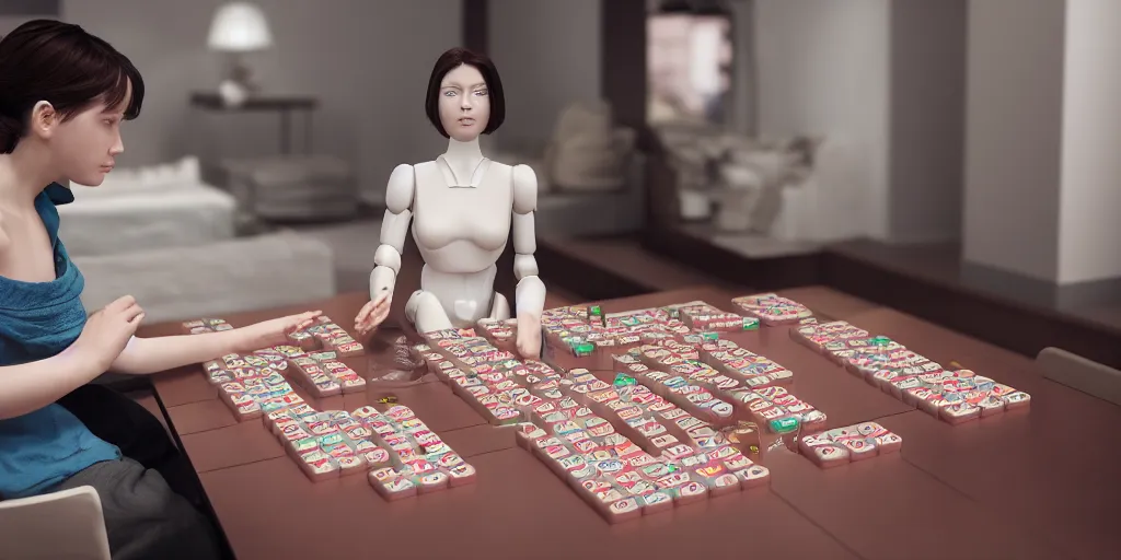 Image similar to mathematician playing mahjong against a female robot, [ photorealistic, octane render, 8 k, photography, intimate ]