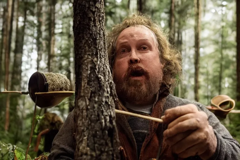 Image similar to movie scene portrait closeup, real life team of chubby elves building a tiny house in the forest natural lighting by emmanuel lubezki