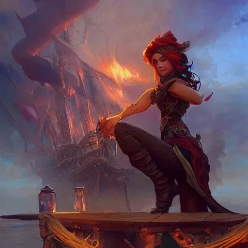 Image similar to !! pirate ship on fire!! d & d fantasy intricate elegant highly detailed digital painting artstation concept art matte sharp focus illustration hearthstone art by artgerm art by greg rutkowski art by alphonse mucha