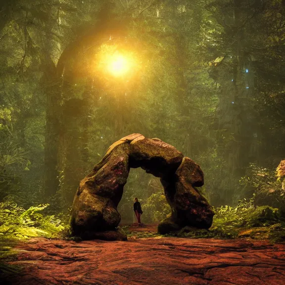 Prompt: magic stone portal in the forest, splash art, movie still, cinematic lighting, dramatic, octane render, long lens, shallow depth of field, bokeh, anamorphic lens flare, 8k, hyper detailed, 35mm film grain