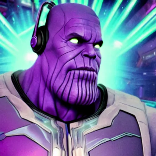 Image similar to thanos is a dj at a cyberpunk rave, he's wearing headphones and telling you to hold on a sec, holding 1 finger out to signify : wait a minute