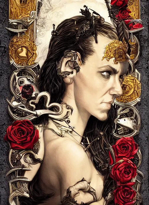 Prompt: tarot card :: horror :: vampires and draculas :: long hair :: hearts and roses :: gold and silver :: guns and swords :: side profile :: highly details :: intricate details :: Sandra Chevrier and bastien lecouffe deharme