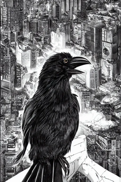 Prompt: portrait raven bird by yusuke murata and masakazu katsura, artstation, highly - detailed, cgsociety, artstation, pencil and ink, fighting pose, city in the background, dark colors, detailed face