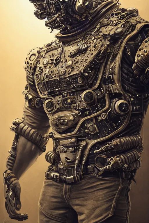 Prompt: a portrait of a muscular anthropomorphic cyberpunk cheetah in spacesuit armor with ensignia on chest plate by sandra chevrier, by jon foster, detailed render, post - processing, extremely hyperdetailed, intricate, epic composition, cybernetics, 4 k realistic, cryengine, realistic shaded lighting, sharp focus, masterpiece, by enki bilal