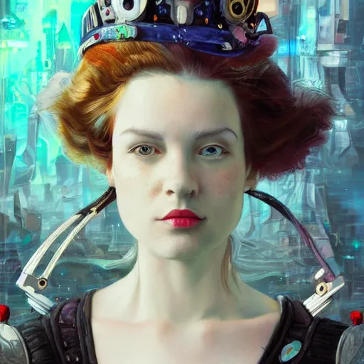 Prompt: A portrait of Alice from Wonderland, oil painting, majestic, detailed, high resolution, cyberpunk