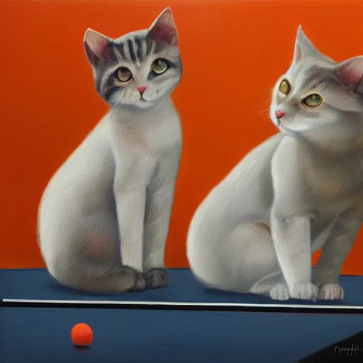 Image similar to Dos gatos jugando al ping pong sobre fondo naranja, oil painting