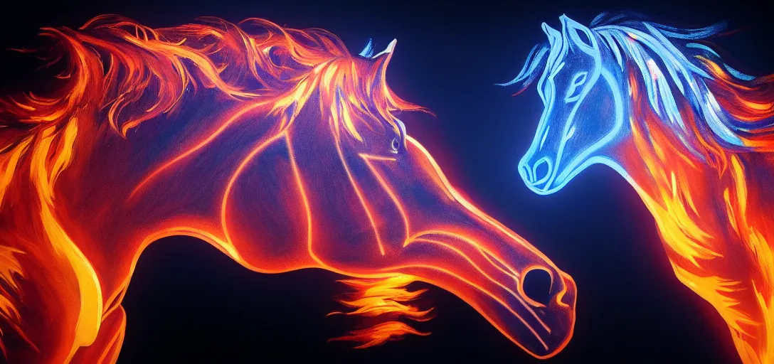 Prompt: a horse breathing fire, portrait and veins and translucent and hyperrealistic and ultra - detailed, bloom, glow, reflection, refraction, matte, glossy, smooth, emissive material