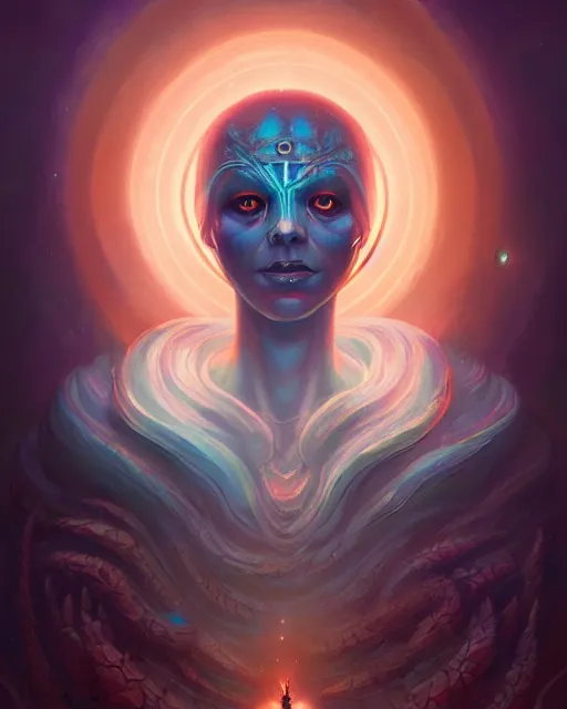 Prompt: ancient alien portrait inscribed with burning nordic runes, ethereal glowing halo of light, peter mohrbacher, dan mumford, anato finnstark, deviantart