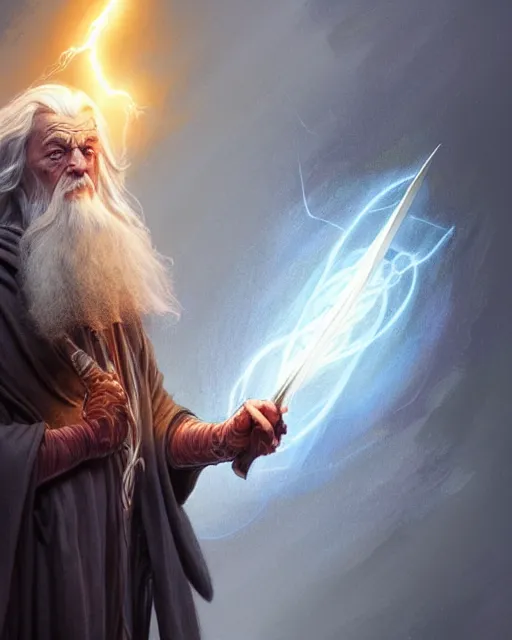 Image similar to Gandalf the grey casting a lightning fork spell, crimson led, glowing, D&D, fantasy, intricate, elegant, highly detailed, digital painting, artstation, concept art, matte, sharp focus, illustration, hearthstone, art by Artgerm and Greg Rutkowski and Alphonse Mucha