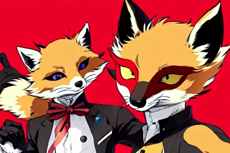 Image similar to a furry tan male fox on a persona 5 : royal ( by atlus ) video game splash screen, a furry male sandy sand - colored beige tan fur fox fursona ( has light brown hair ), persona 5 phantom thief style