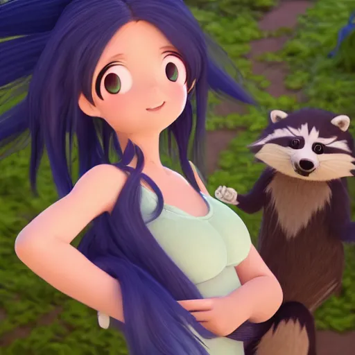 Prompt: a wholesome animation key shot of a girl with long dark blue hair and a raccoon tail, medium shot, studio ghibli, pixar and disney animation, sharp, rendered in unreal engine 5, anime key art by clamp, bloom, dramatic lighting