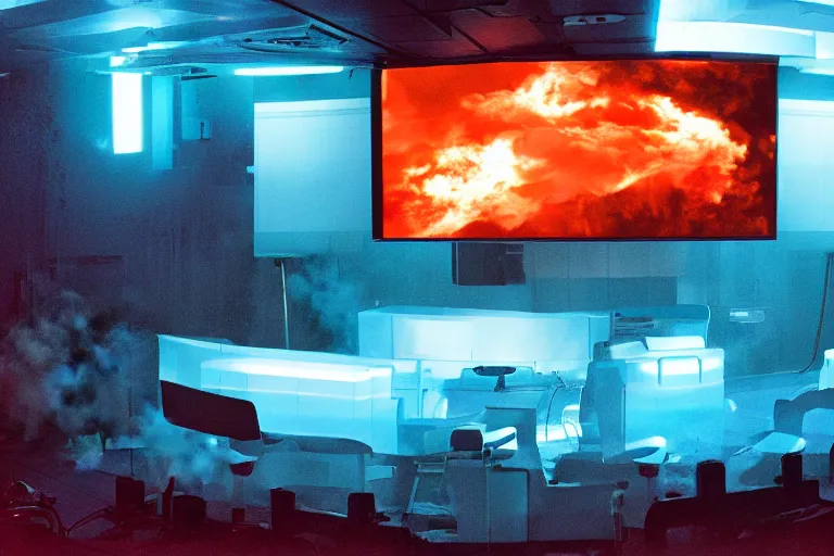 Prompt: Film still of the bridge of a space ship, large viewscreens, control panels, orange and cyan lighting, burning fire, electric sparks, smoke, Cinestill colour cinematography, anamorphic