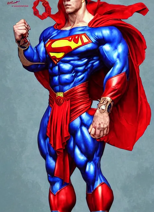 Image similar to portrait of crossfit bodybuilder fitness muscular superman!, futuristic detailed ornate cyberpunk costume!, red and blue costume!!, pale skin!, no logo!!!, painted art by tsuyoshi nagano, greg rutkowski, artgerm, alphonse mucha, spike painting