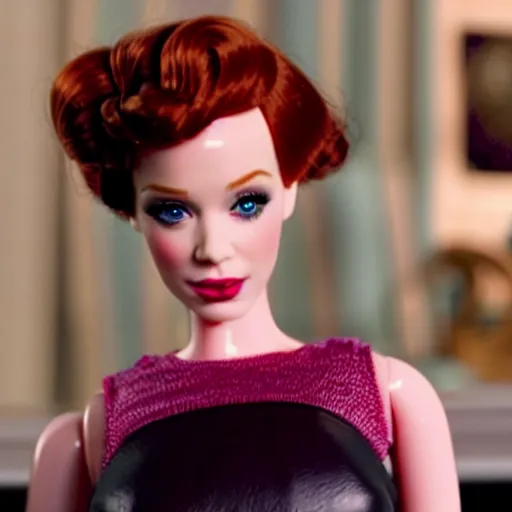 Image similar to amazing beautiful Christina Hendricks barbie doll wearing leather in the living room, film still from the movie directed by Denis Villeneuve , wide lens