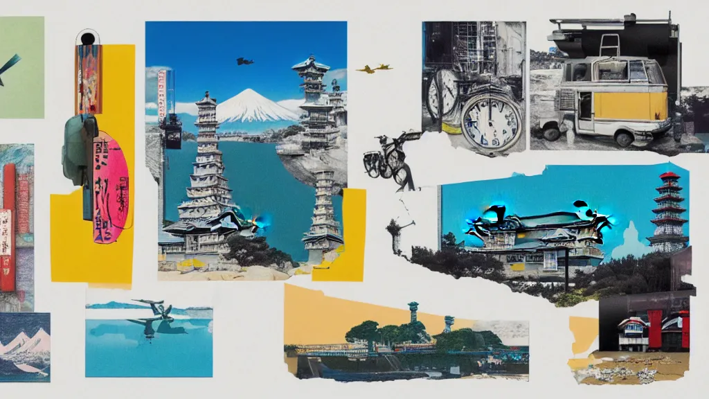 Prompt: an arrangement of sightseeing traveller props, japan, a collage painting, in the style of wes anderson, lola dupre, david hockney, isolated on negative white space background dark monochrome neon spraypaint accents volumetric octane render